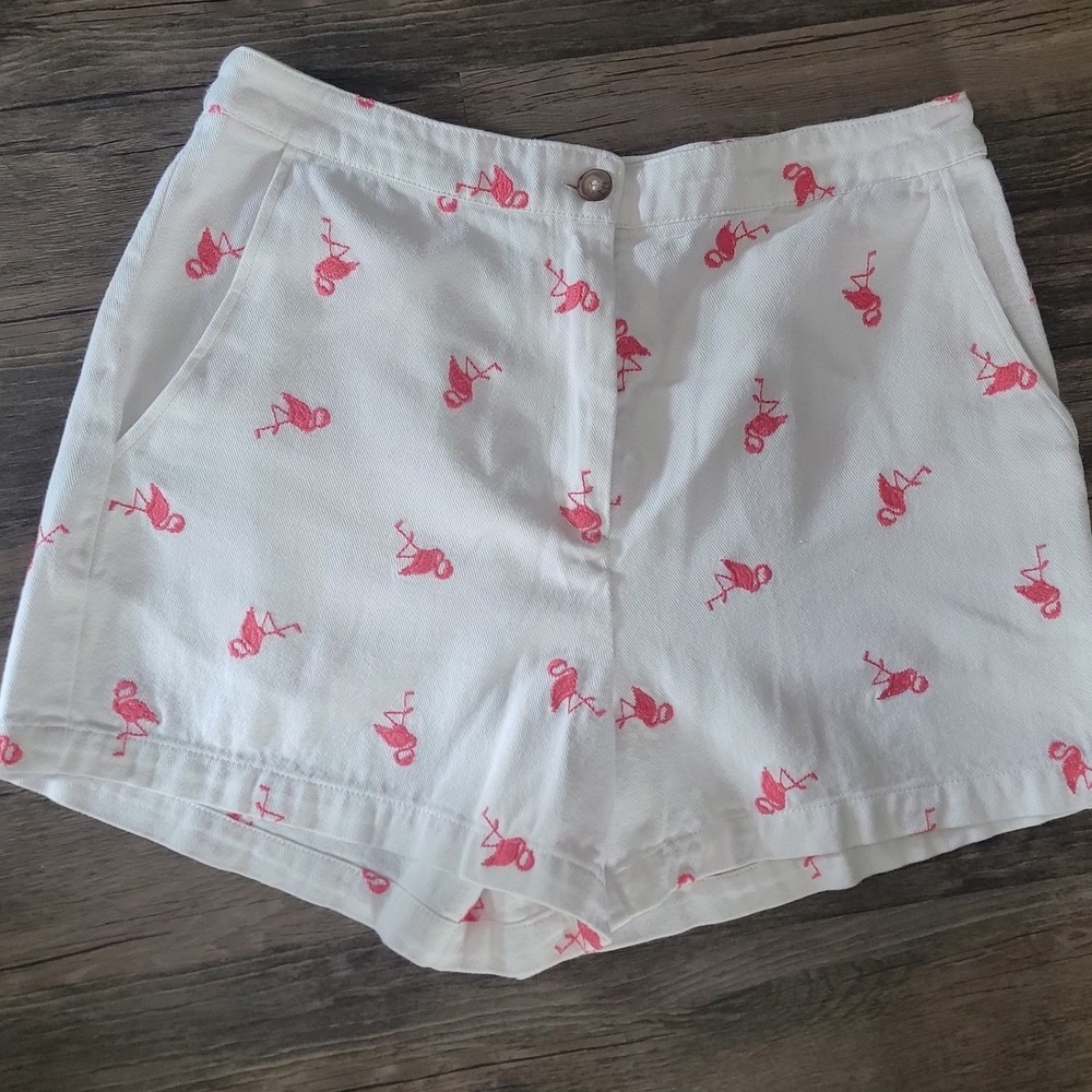 Jun & Ivy Womens Pink Flamingo Embroidered White Cotton Shorts Size L